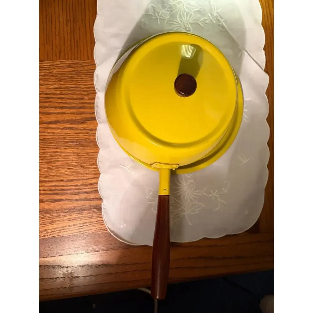 Vintage 1970s Mustard Yellow Enamel Fondue Pot with wood handle and drip tray